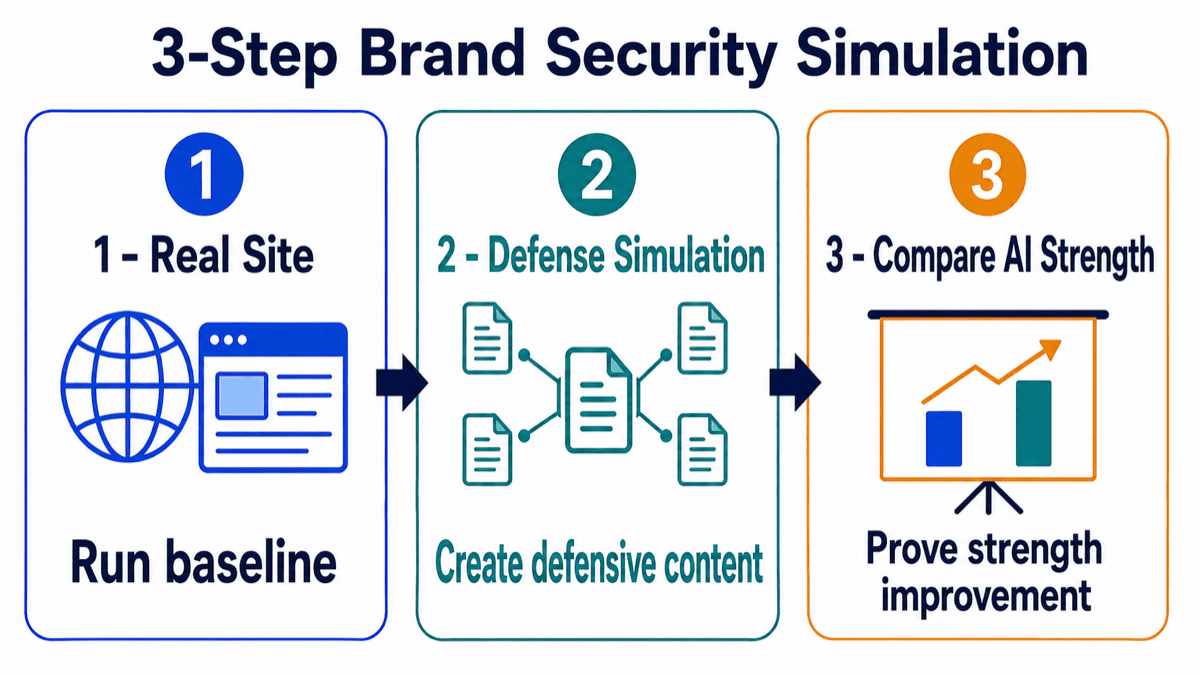 Three-step Brand Security Simulation diagram labeled Real Site, Defense Simulation, and Compare AI Strength