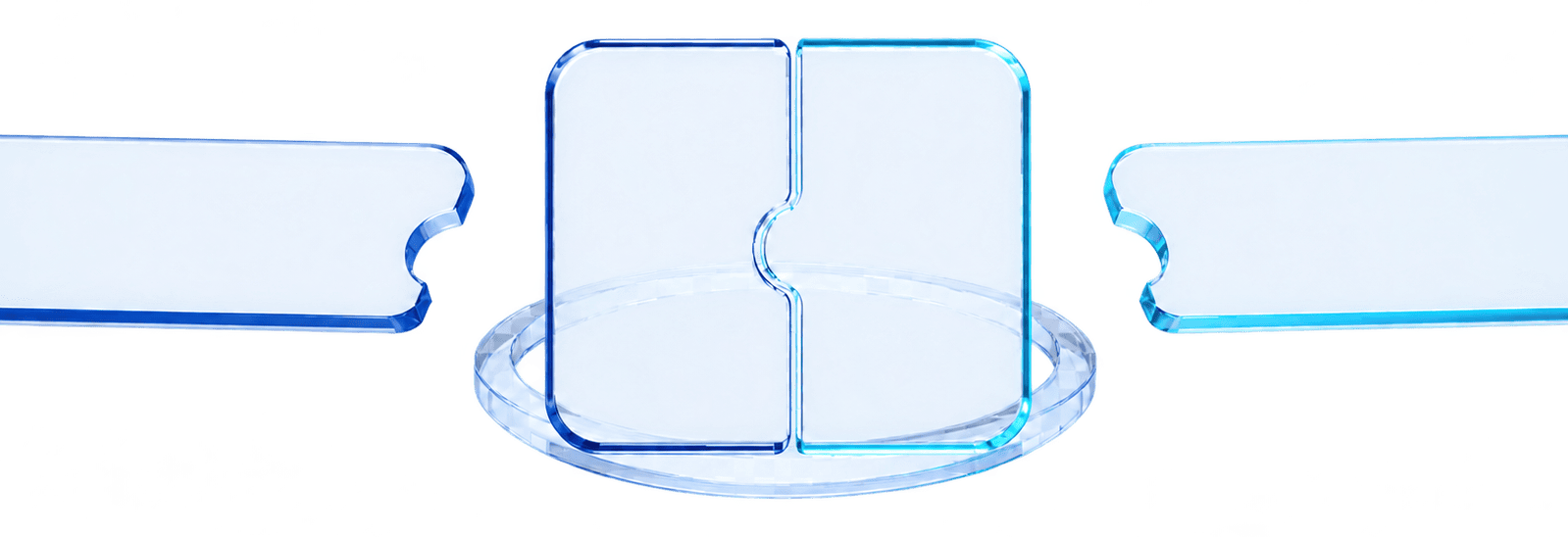 Abstract translucent blue glass shapes on a black background