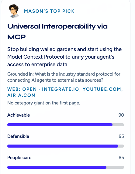 Mason’s top pick card titled Universal Interoperability via MCP, with web domains and Achievable, Defensible, and People care scores