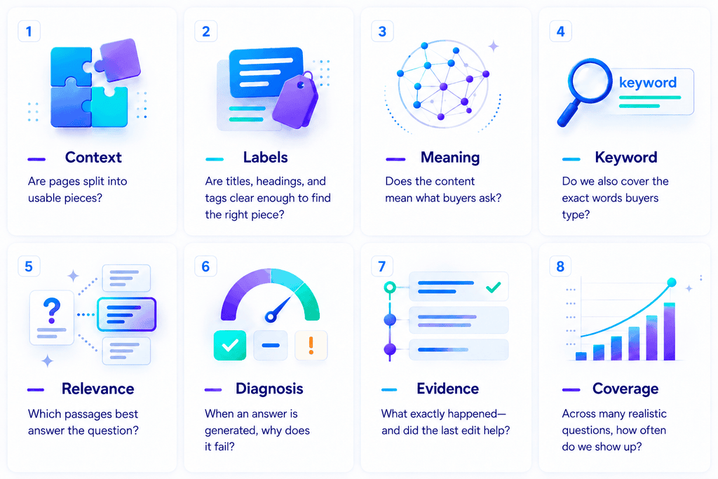 Eight numbered cards: Context, Labels, Meaning, Keyword, Relevance, Diagnosis, Evidence, and Coverage